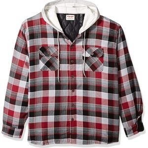 Wrangler NWT plaid work jacket hood size large red black checkered pogey coat